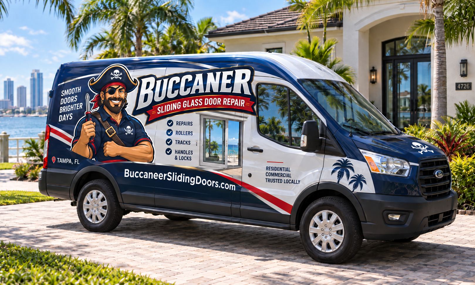 Buccaneer Sliding Glass Door Repair van parked at a Tampa waterfront home